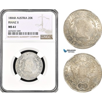 AG907, Austria, Franz II, 20 Kreuzer 1806­ B, Kremnitz Mint, Silver, KM# 2140, NGC MS61