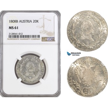 AG909, Austria, Franz II, 20 Kreuzer 1808­ B, Kremnitz Mint, Silver, KM# 2141, NGC MS61