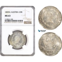 AG915, Austria, Franz II, 20 Kreuzer 1809­ A, Vienna Mint, Silver, KM# 2141, NGC MS63