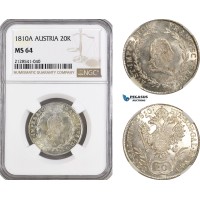 AG923, Austria, Franz II, 20 Kreuzer 1810­ A, Vienna Mint, Silver, KM# 2141, NGC MS64