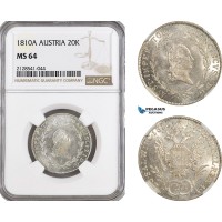 AG925, Austria, Franz II, 20 Kreuzer 1810­ A, Vienna Mint, Silver, KM# 2141, NGC MS64