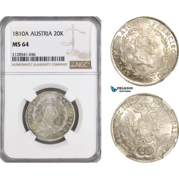 AG926, Austria, Franz II, 20 Kreuzer 1810­ A, Vienna Mint, Silver, KM# 2141, NGC MS64