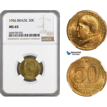 AG934, Brazil, 50 Centavos 1956 Eurico Gaspar Dutra Rio de Janeiro Mint, KM# 563, NGC MS65, Top Pop!