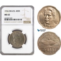 AG935, Brazil, 400 Reis 1936 "Oswaldo Cruz" Rio de Janeiro Mint, KM# 539, NGC MS62