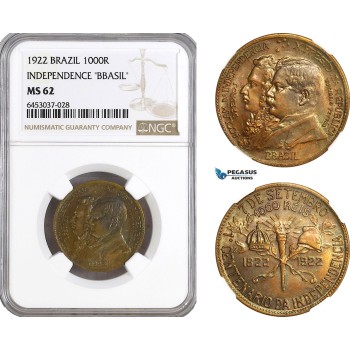AG936, Brazil, 1000 Reis 1922, Independence BBASIL Error, Rio de Janeiro Mint, KM# 522, NGC MS62
