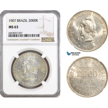 AG937, Brazil, 2000 Reis 1907, Rio de Janeiro Mint, Silver, KM# 508, NGC MS63