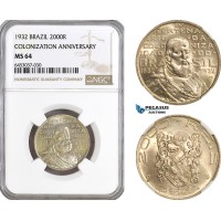 AG938, Brazil, 2000 Reis 1932, 400th Anniversary of Colonization, Rio de Janeiro Mint, Silver, KM# 532, NGC MS64
