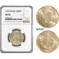 AG939, Brazil, 2000 Reis 1934, Rio de Janeiro Mint, Silver, KM# 526, NGC AU58