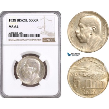 AG940, Brazil, 5000 Reis 1938, Santos Dumont, Rio de Janeiro Mint, Silver, KM# 543, NGC MS64