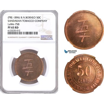 AG945, British North Borneo, 50 Cents ND, Pre 1896, Sandakan Tobacco Company, LaWe-758, NGC PF65RD