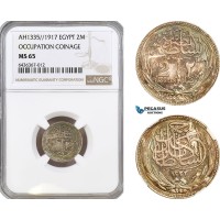 AG956, Egypt, Hussein Kamel, Occupation Coinage, 2 Piastres AH1335//1917, Bombay Mint, Silver, KM# 317, NGC MS65