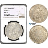 AG959, France, Second Republic, Hercules 5 Francs 1849 A, Paris Mint, Silver, KM# 756, NGC AU53