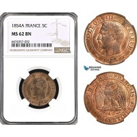 AG960, France, Napoleon III, 5 Centimes 1854 A, Paris Mint, KM# 777, NGC MS62BN