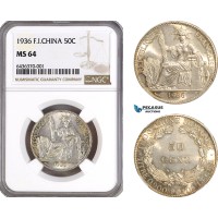AG963, French Indo-China, 50 Centimes 1936, Paris Mint, Silver, KM#4a.2, NGC MS64