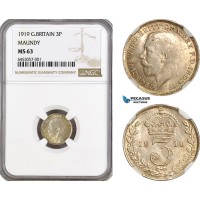 AG967, Great Britain, George V, "Maundy" 3 Pence 1919, London Mint, Silver, KM# 813, NGC MS63