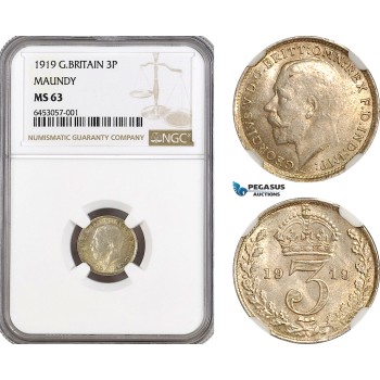 AG967, Great Britain, George V, Maundy 3 Pence 1919, London Mint, Silver, KM# 813, NGC MS63
