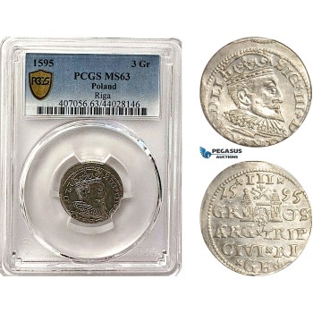 AG971, Latvia, Sigismund III. of Poland, 3 Groschen (Trojak) 1595, Riga Mint, Silver, PCGS MS63