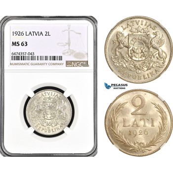 AG973, Latvia, 2 Lati 1926, London Mint, Silver, KM# 8, NGC MS63
