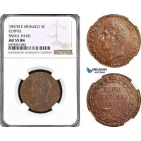 AG979, Monaco, Honore V, 5 Centimes 1837 M, Copper, Small Head, KM# 95.2a, NGC AU55BN