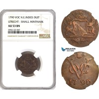 AG981, Netherlands East Indies, VOC, Duit 1790, Utrecht Arms, Small Mintmark, KM# 111, NGC AU53BN