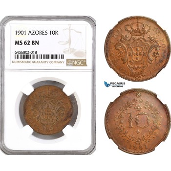 AG992, Portugal, Azores, Carlos I, 10 Reis 1901, KM# 17, NGC MS62BN