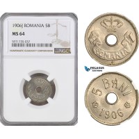 AG993, Romania, Carol I, 5 Bani 1906 J, Hamburg Mint, Schäffer/Stambuliu 058a, NGC MS64