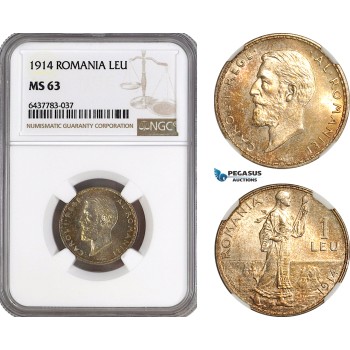 AG996, Romania, Carol I, 1 Leu 1914, Silver, Schäffer/Stambuliu 078, NGC MS63