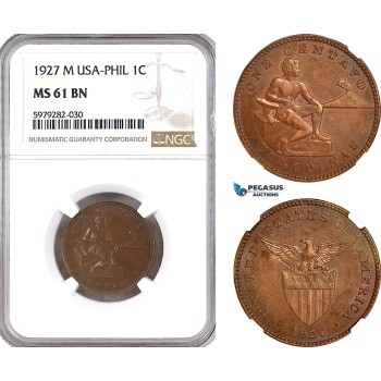 AH106, Philippines (US Administration) 1 Centavo 1927 M, Manila Mint, NGC MS61BN
