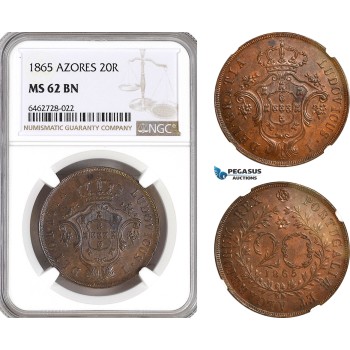 AH108, Portugal, Azores, Louis I, 20 Reis 1865, Lisbon Mint, NGC MS62BN