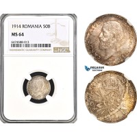 AH115, Romania, Carol I, 50 Bani 1914, Silver, NGC MS64
