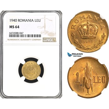 AH127, Romania, Carol II, 1 Leu 1940, Bucharest Mint, NGC MS64