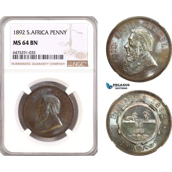 AH139, South Africa (ZAR) 1 Penny 1892, Berlin Mint, NGC MS64BN