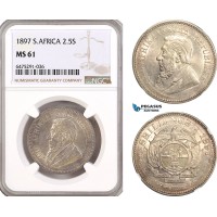 AH140, South Africa (ZAR) 2 1/2 Shillings 1897, Pretoria Mint, Silver, NGC MS61