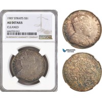 AH143, Straits Settlements, Edward VII, 1 Dollar 1907, London Mint, Silver, NGC AU Details