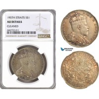 AH144, Straits Settlements, Edward VII, 1 Dollar 1907 H, Heaton Mint, Silver, NGC AU Details