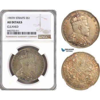 AH144, Straits Settlements, Edward VII, 1 Dollar 1907 H, Heaton Mint, Silver, NGC AU Details