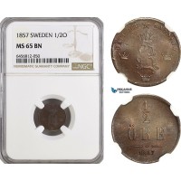 AH146, Sweden, Oscar I, 1/2 Öre 1857, Stockholm Mint, NGC MS65BN