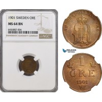 AH148, Sweden, Oscar II, 1 Öre 1901, Stockholm Mint, NGC MS64BN