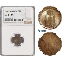 AH149, Sweden, Oscar II, 1 Öre 1902, Stockholm Mint, NGC MS64BN