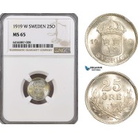 AH150, Sweden, Gustaf V, 25 Öre 1919 W, Stockholm Mint, Silver, NGC MS65