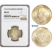 AH151, Sweden, Gustaf V, 1 Krona 1915 W, Stockholm Mint, Silver, NGC MS64