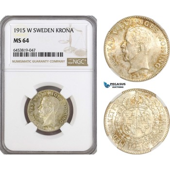 AH151, Sweden, Gustaf V, 1 Krona 1915 W, Stockholm Mint, Silver, NGC MS64