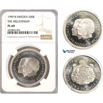 AH152, Sweden, Carl XVI Gustaf, 200 Kronor 1999 B, New Millennium, Stockholm Mint, Silver, NGC PL69