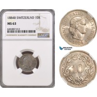 AH153, Switzerland, 10 Rappen 1884 B, Bern Mint, NGC MS63