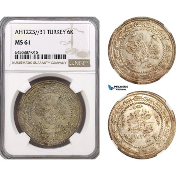 AH156, Turkey (Ottoman Empire) Mahmud II, 6 Kurush AH1223/31, Kostantiniye Mint, Silver, NGC MS61