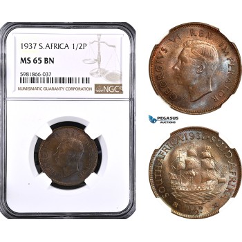 AH16, South Africa, George VI, 1/2 Penny 1937, Pretoria Mint, KM# 24, NGC MS65BN