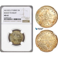 AH163, Turkey (Ottoman Empire) Mehmed Reshad V, 5 Kurush AH1327/7, Konstantiniye Mint, Silver, NGC MS62