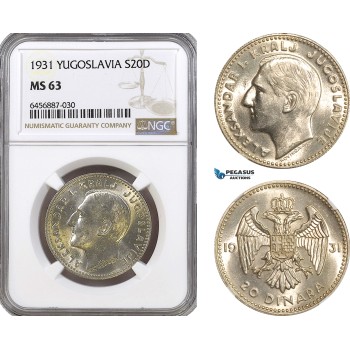 AH167, Yugoslavia, Alexander I, 20 Dinara 1931, Belgrade Mint, Silver, NGC MS63