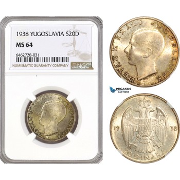 AH171, Yugoslavia, Peter II, 20 Dinara 1938, Belgrade Mint, Silver, NGC MS64