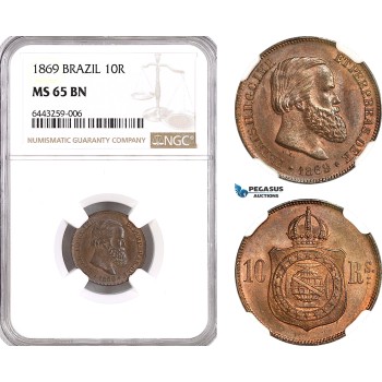AH176, Brazil, Pedro II, 10 Reis 1869, NGC MS65BN, Top Pop